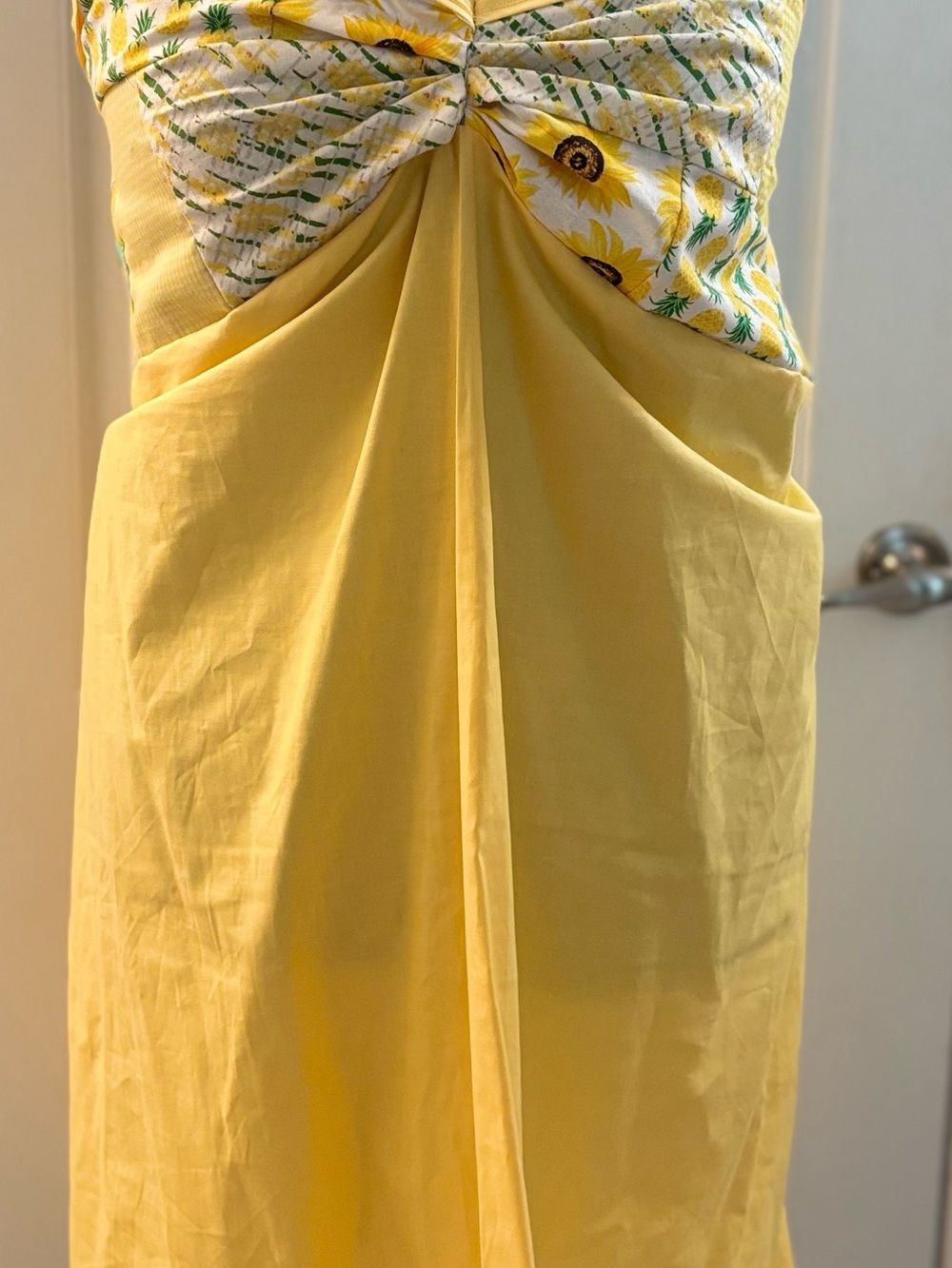 Sunflower-Print patchwork Yellow Maxi Dress with Twist Front